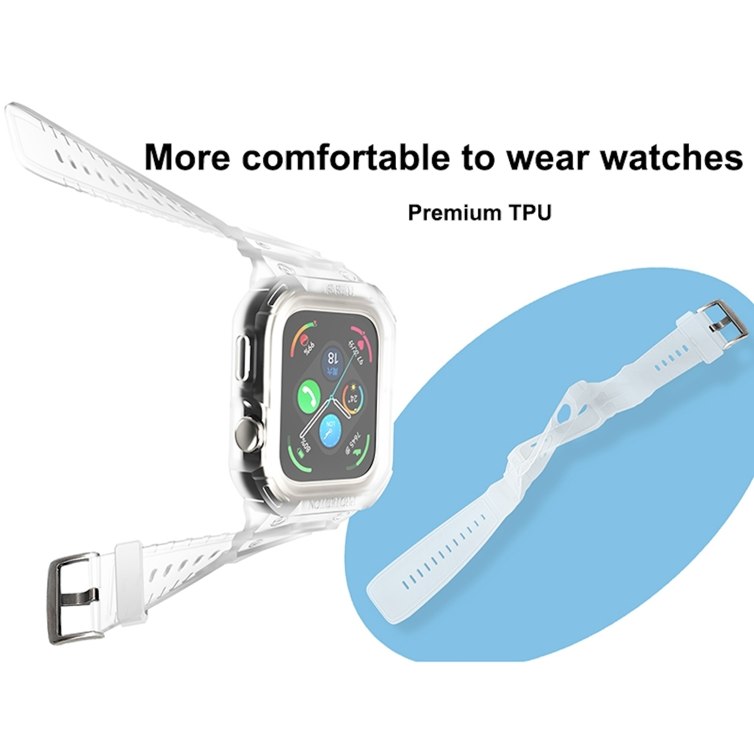 Weiße Apple Watch mit transparentem Gehäuse und Armband, auf blau-weißem Hintergrund.