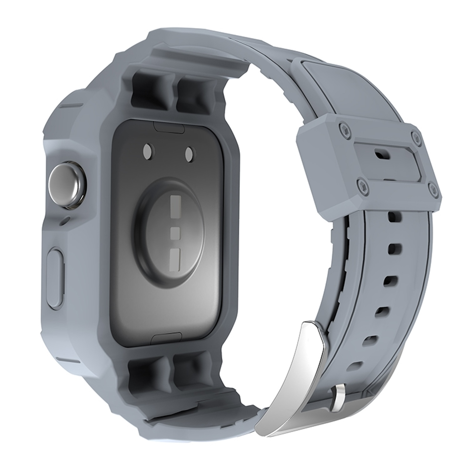Graue Smartwatch mit grauem Armband. Die Uhr befindet sich auf weißem Hintergrund, die Rückseite ist sichtbar.