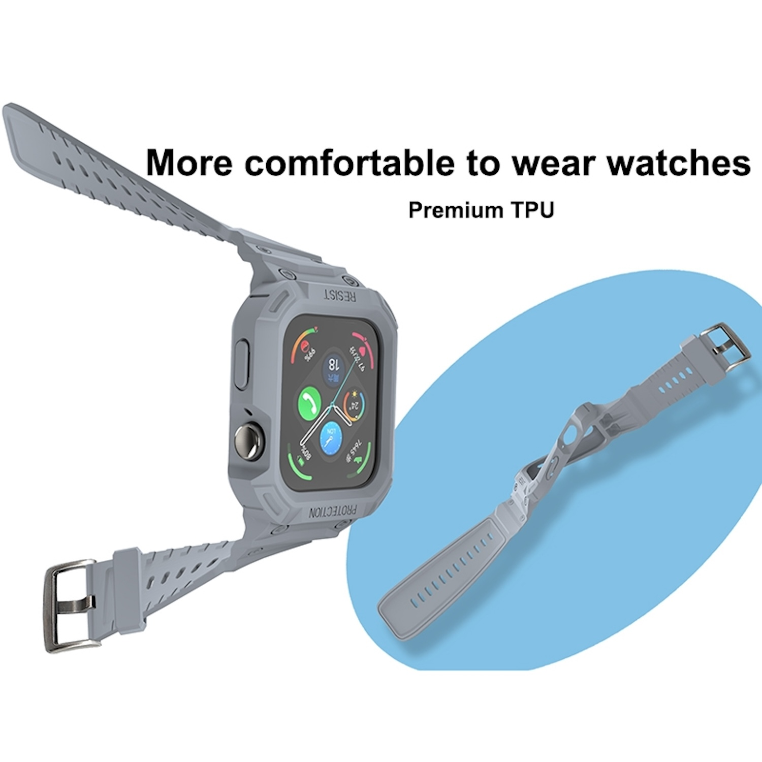 Eine graue Apple Watch mit Schutzhülle und abgenommenem Armband. Das Armband ist grau auf blauem Hintergrund.