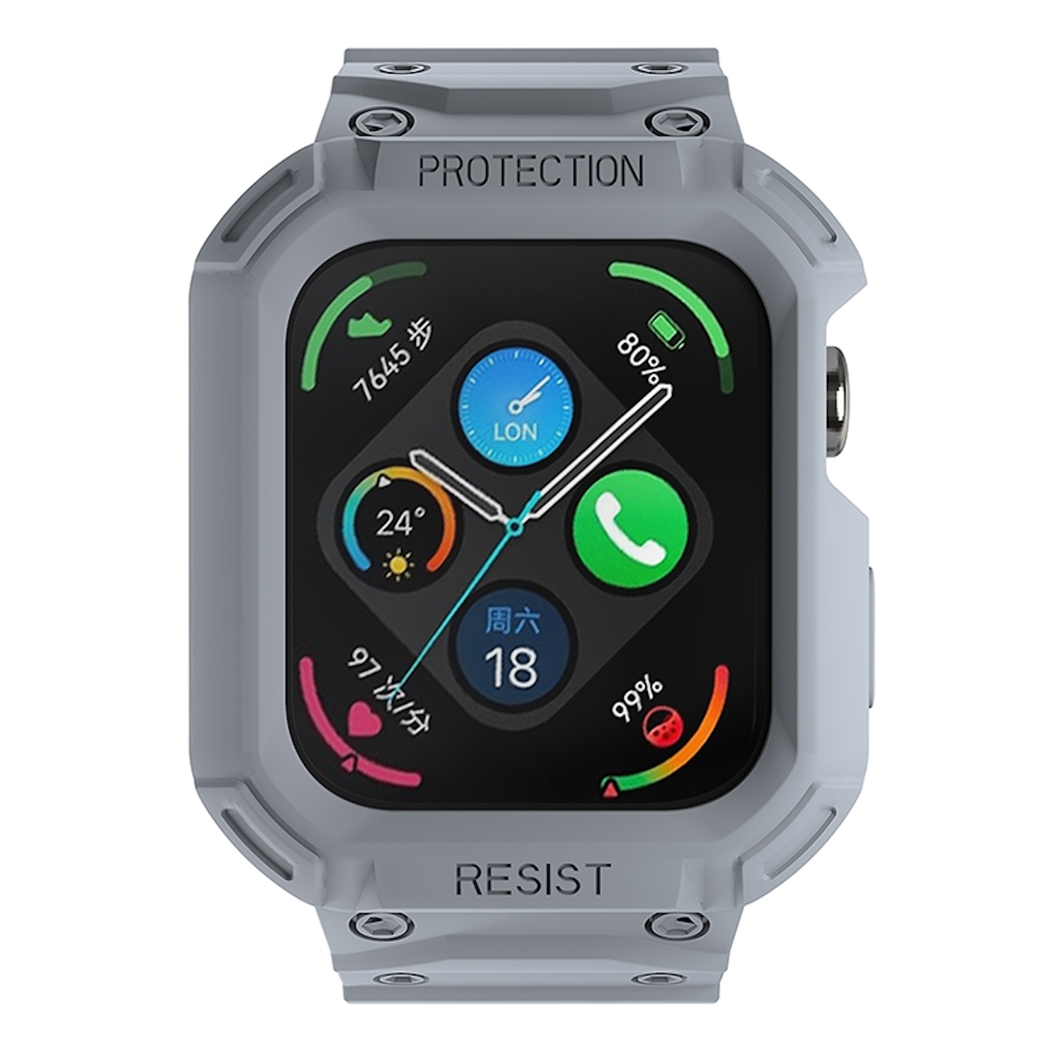 Graue Smartwatch mit Schutzhülle und verschiedenen Display-Symbolen. Weißer Hintergrund.