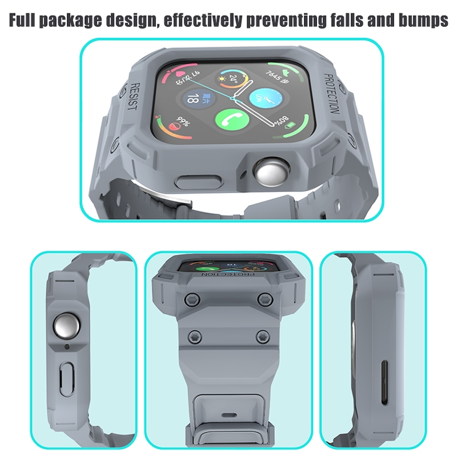 Graues Apple Watch Gehäuse mit drei Ansichten, die das Design zeigen.