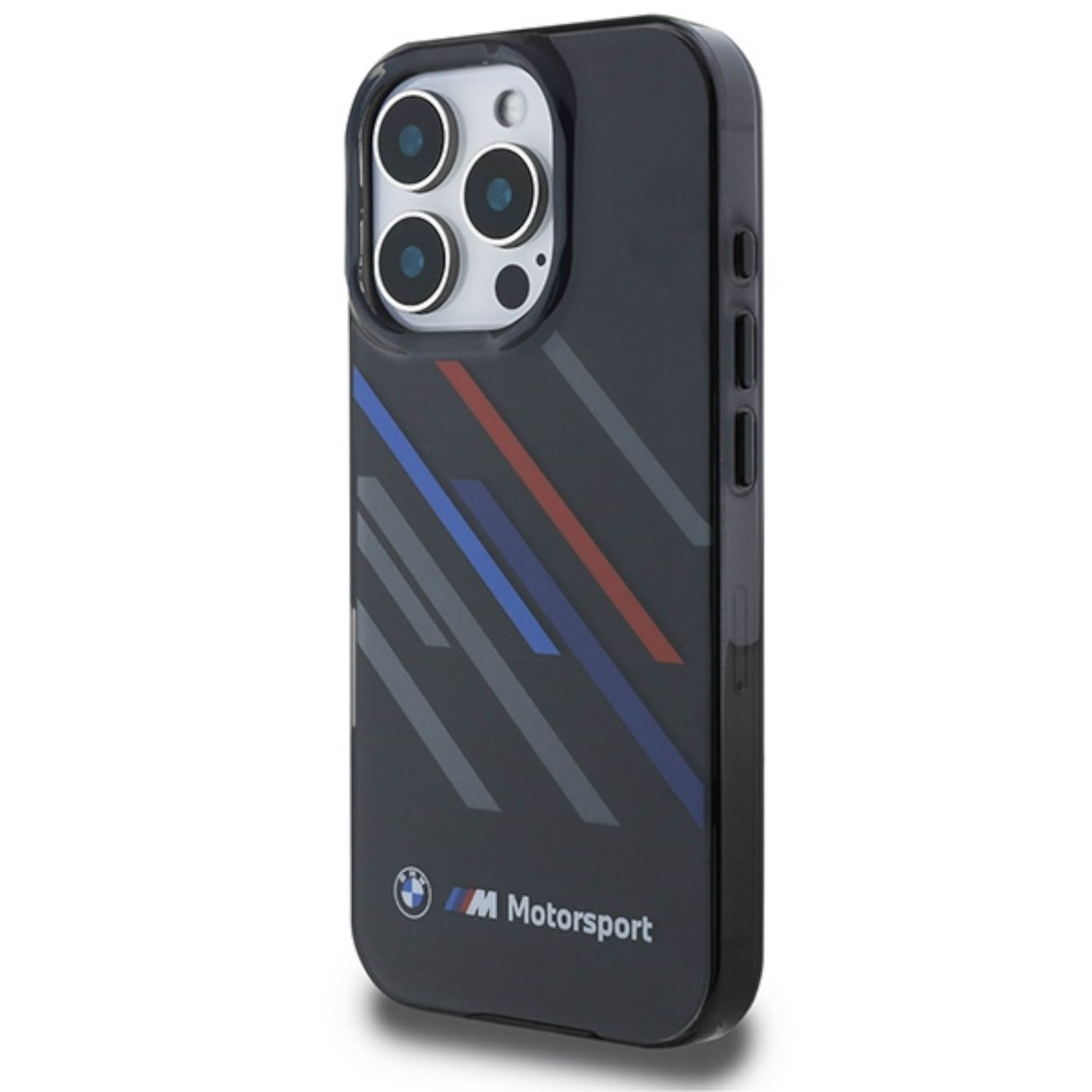 Custodia nera per telefono con logo BMW Motorsport e linee diagonali. Sfondo bianco.