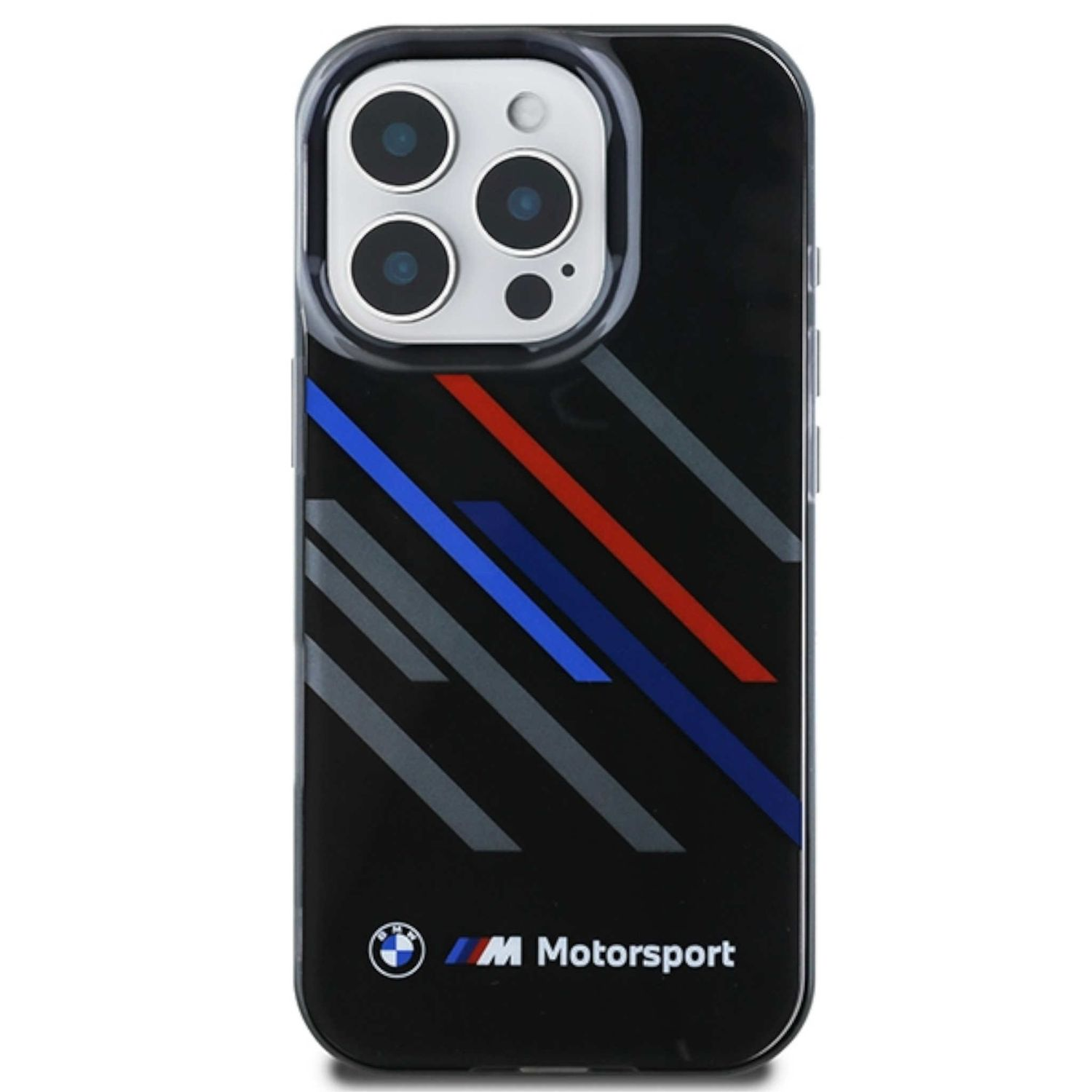 iPhone nero con una custodia BMW Motorsport. La custodia ha strisce blu, rosse e grigie.