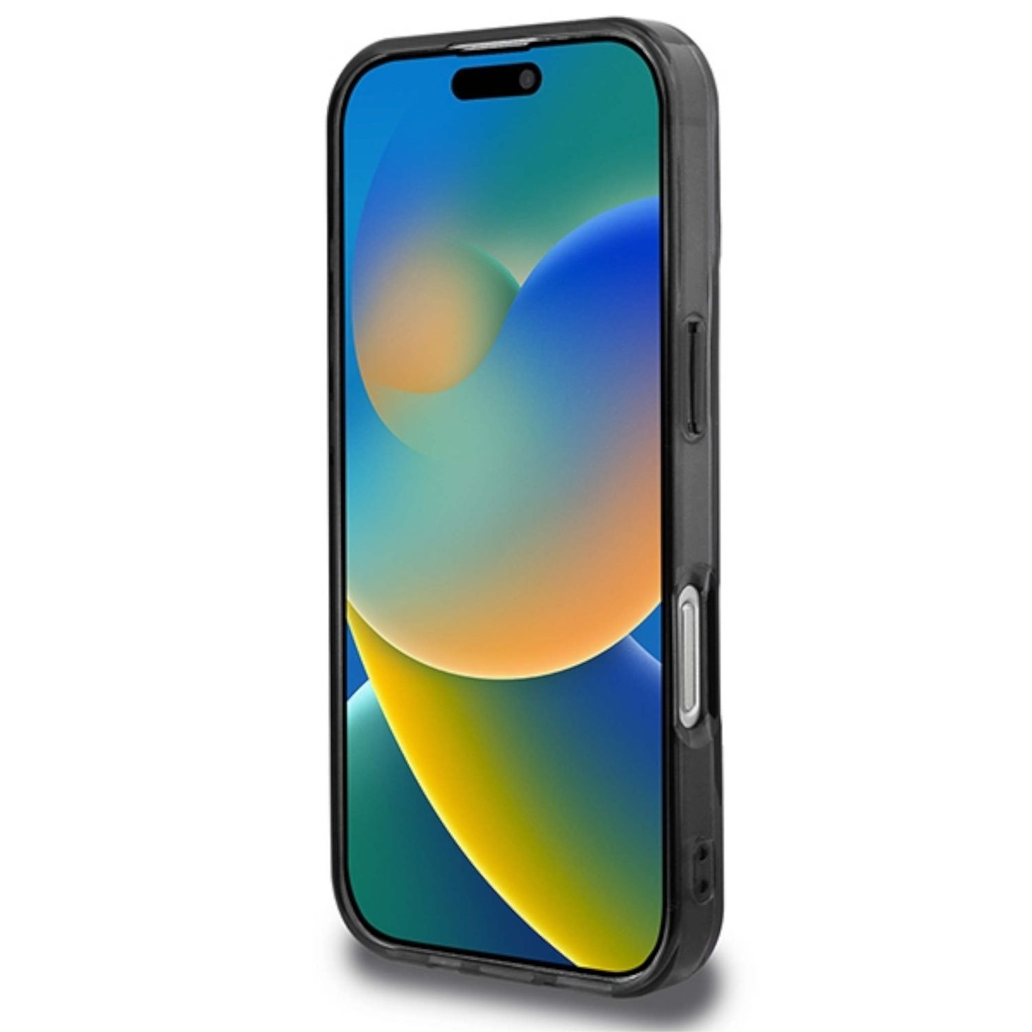 Telefono nero in una custodia trasparente, con un'immagine colorata sullo schermo.