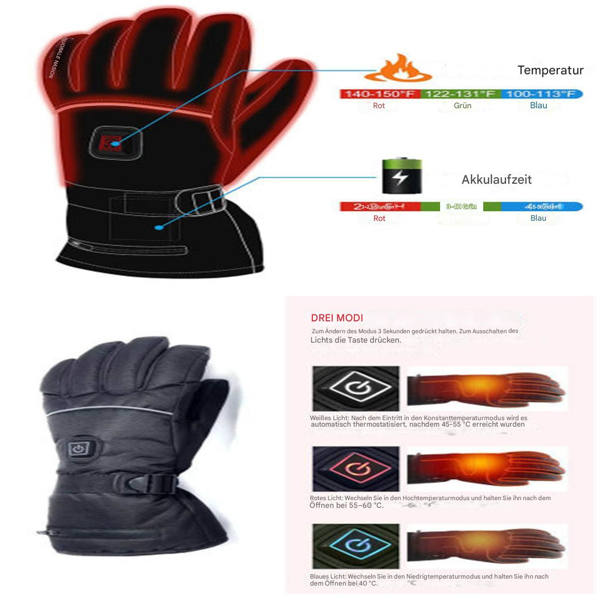 Schwarze beheizte Handschuhe. Rote und blaue Temperatur- und Akku-Symbole. Weißer Hintergrund.