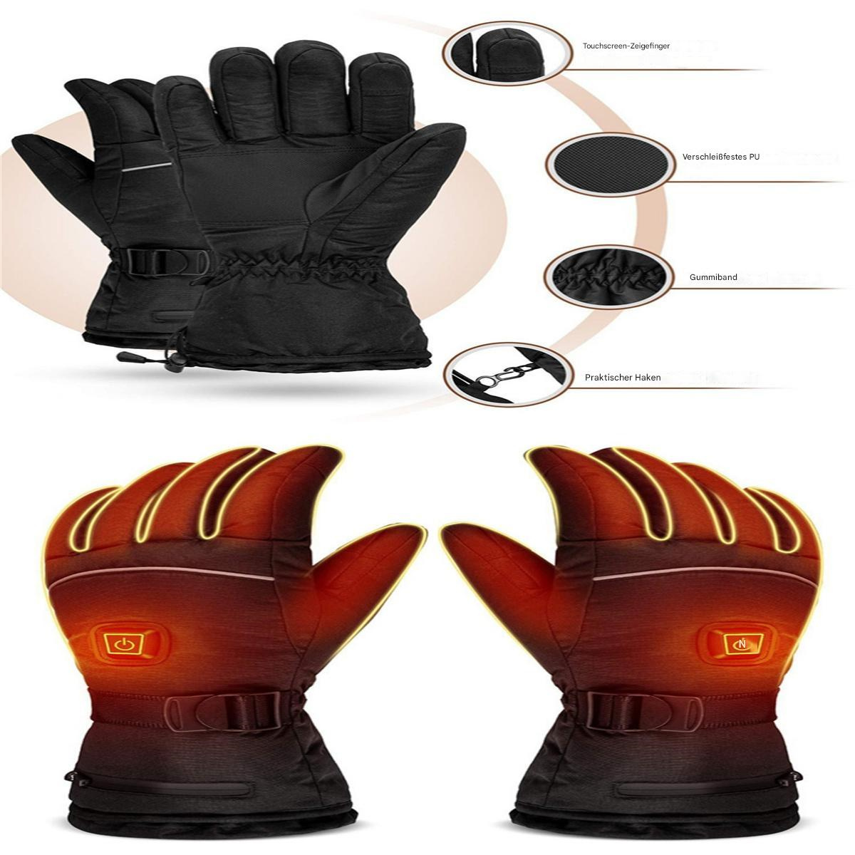 Paar schwarze beheizte Handschuhe mit Detailaufnahmen der Funktionen.
