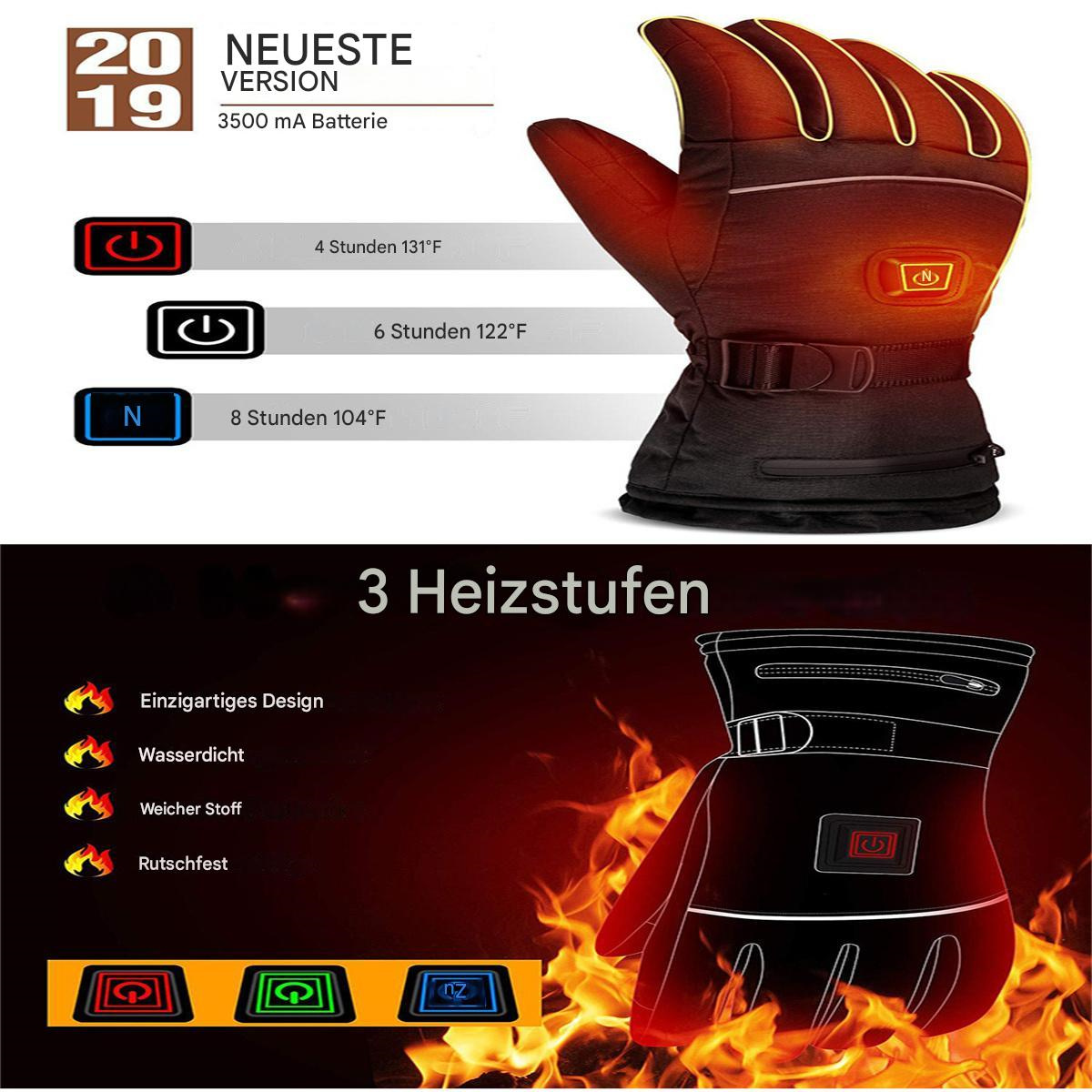 Ein schwarzer beheizter Handschuh mit 3 Heizstufen und Informationsgrafiken.