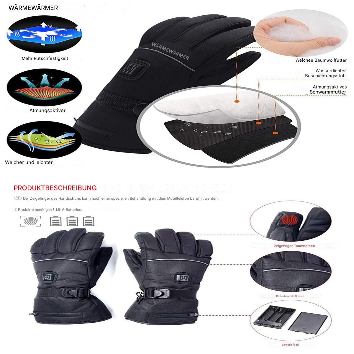 Diagramm schwarzer beheizter Handschuhe mit Funktionen wie Touchscreen-Kompatibilität und Akku.