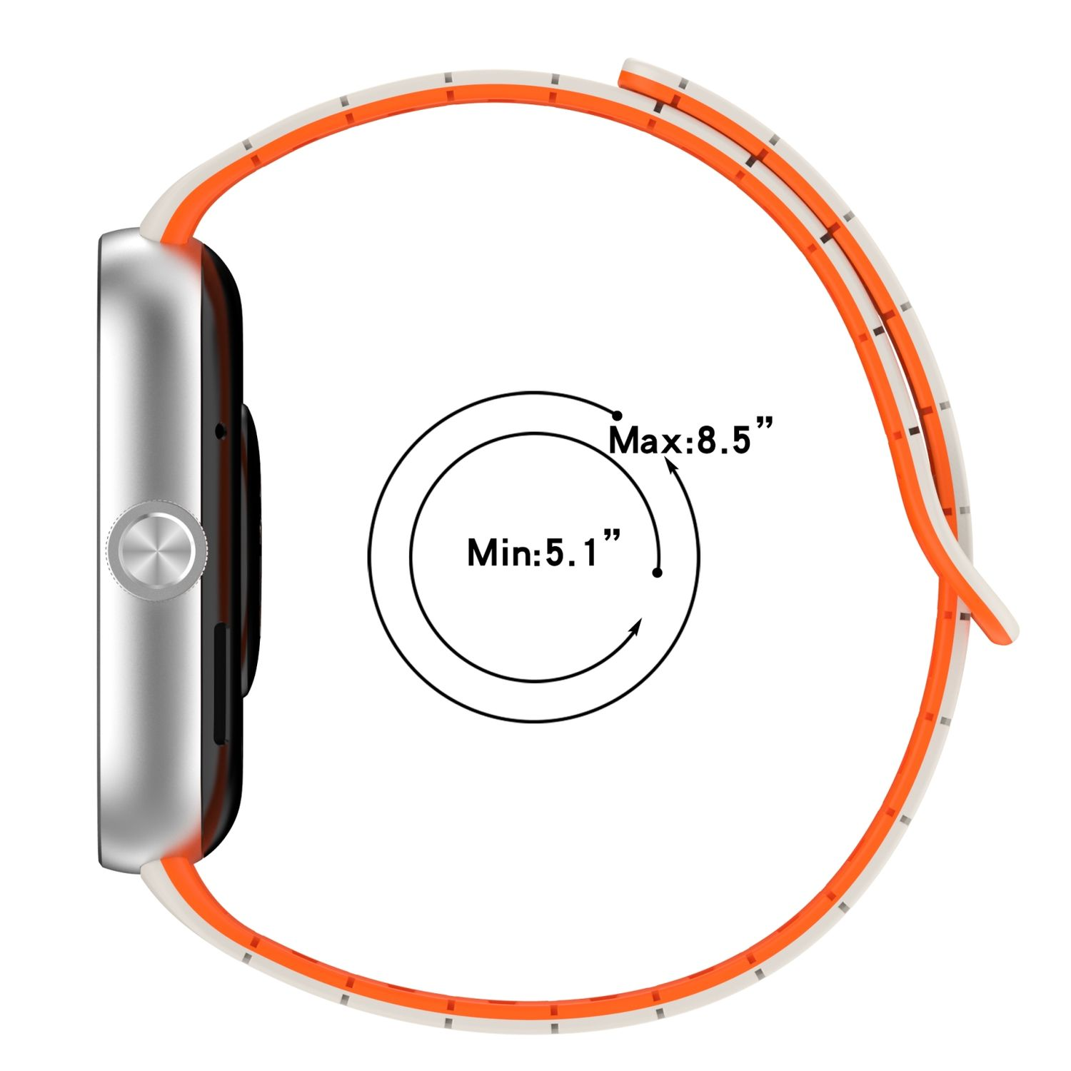 Smartwatch mit orange-weißem Armband, Seitenansicht mit Abmessungen und Maßen.