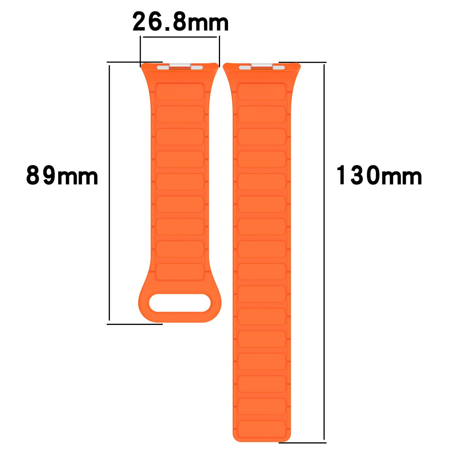 Orangefarbene Uhrenarmbandteile. Längen- und Breitenmessungen werden angezeigt.