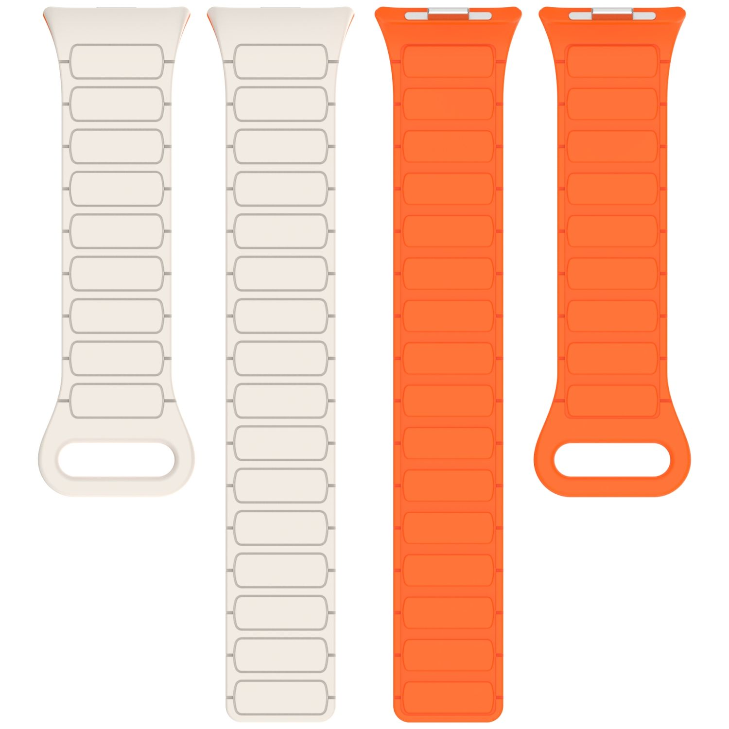 Armbänder, zwei weiße und zwei orangefarbene. Rechteckige Form mit Löchern. Weißer Hintergrund.