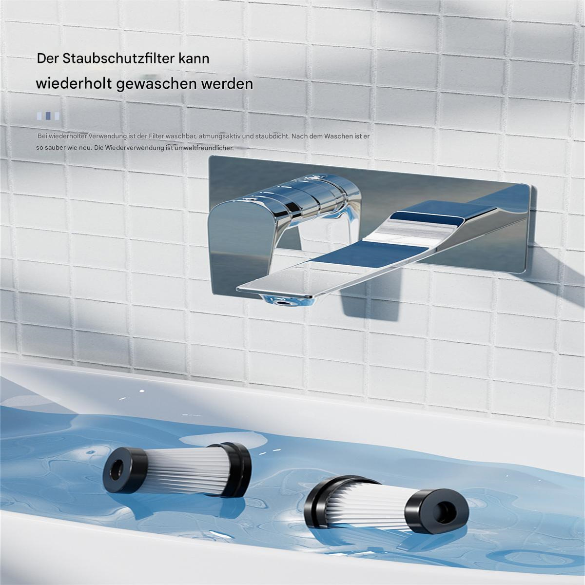 Ein silberner Wasserhahn vor weißen Fliesen mit zwei Luftfiltern in einem Waschbecken darunter.
