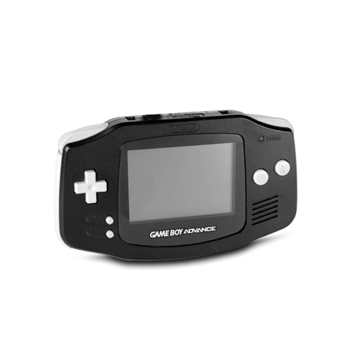 Schwarze Game Boy Advance Handheld-Konsole. Sie hat einen Bildschirm, Knöpfe und ein Steuerkreuz.