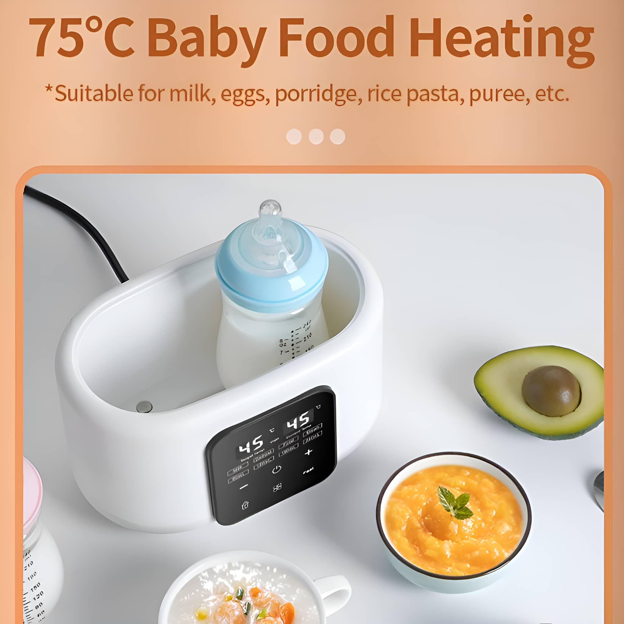 Ein weißer Babyflaschenwärmer mit einer blauen Flasche darin und einer Schüssel mit Essen. Eine halbe Avocado liegt daneben.