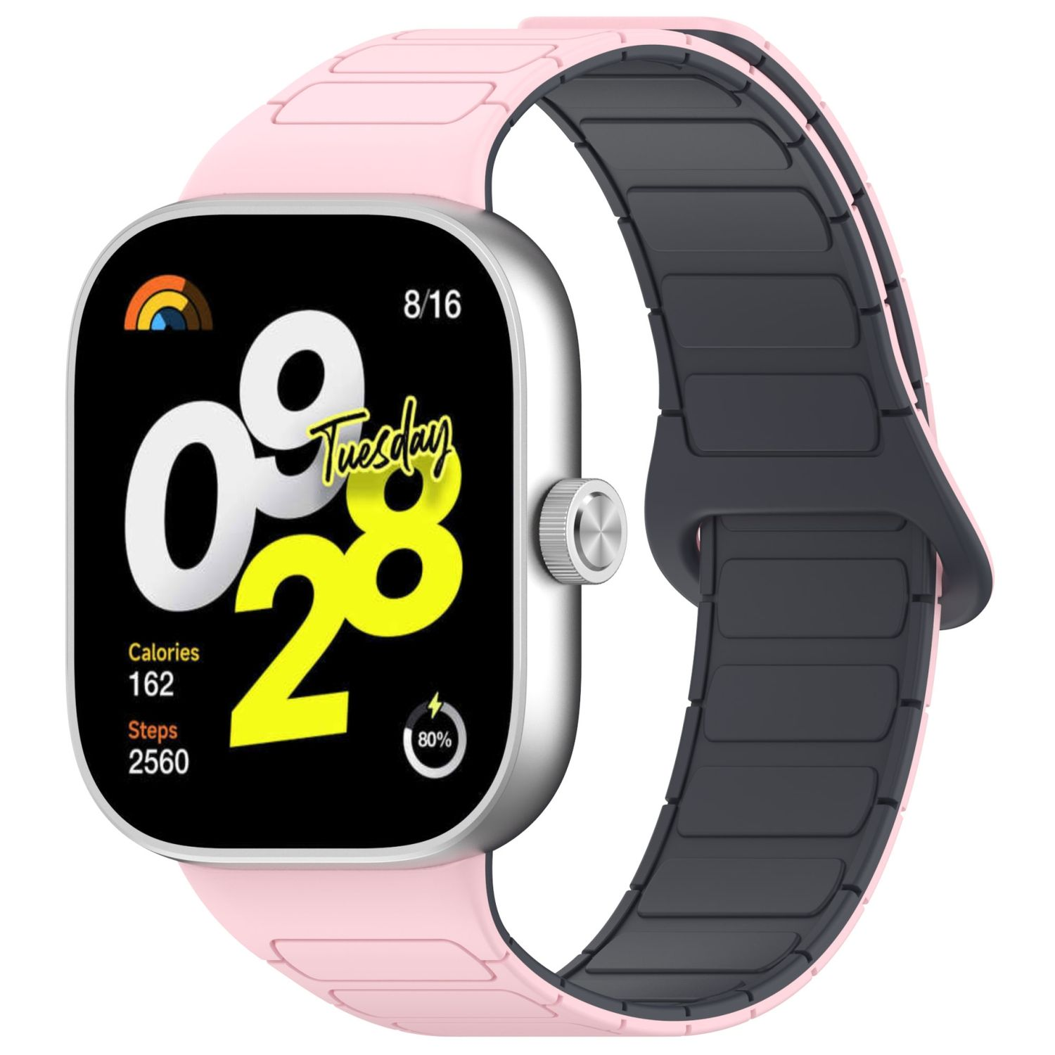 Pinke Smartwatch mit schwarzem Armband. Zeigt Zeit, Datum, Kalorien und Schritte an. Weißer Hintergrund.