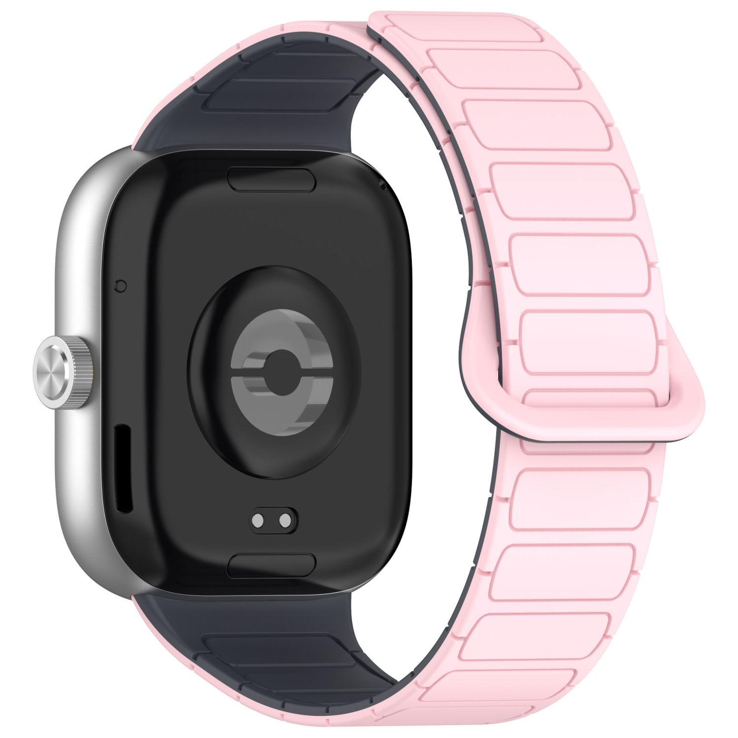 Eine Smartwatch mit silbernem Gehäuse und pinkfarbenem Armband. Das Armband ist magnetisch und grau innen.