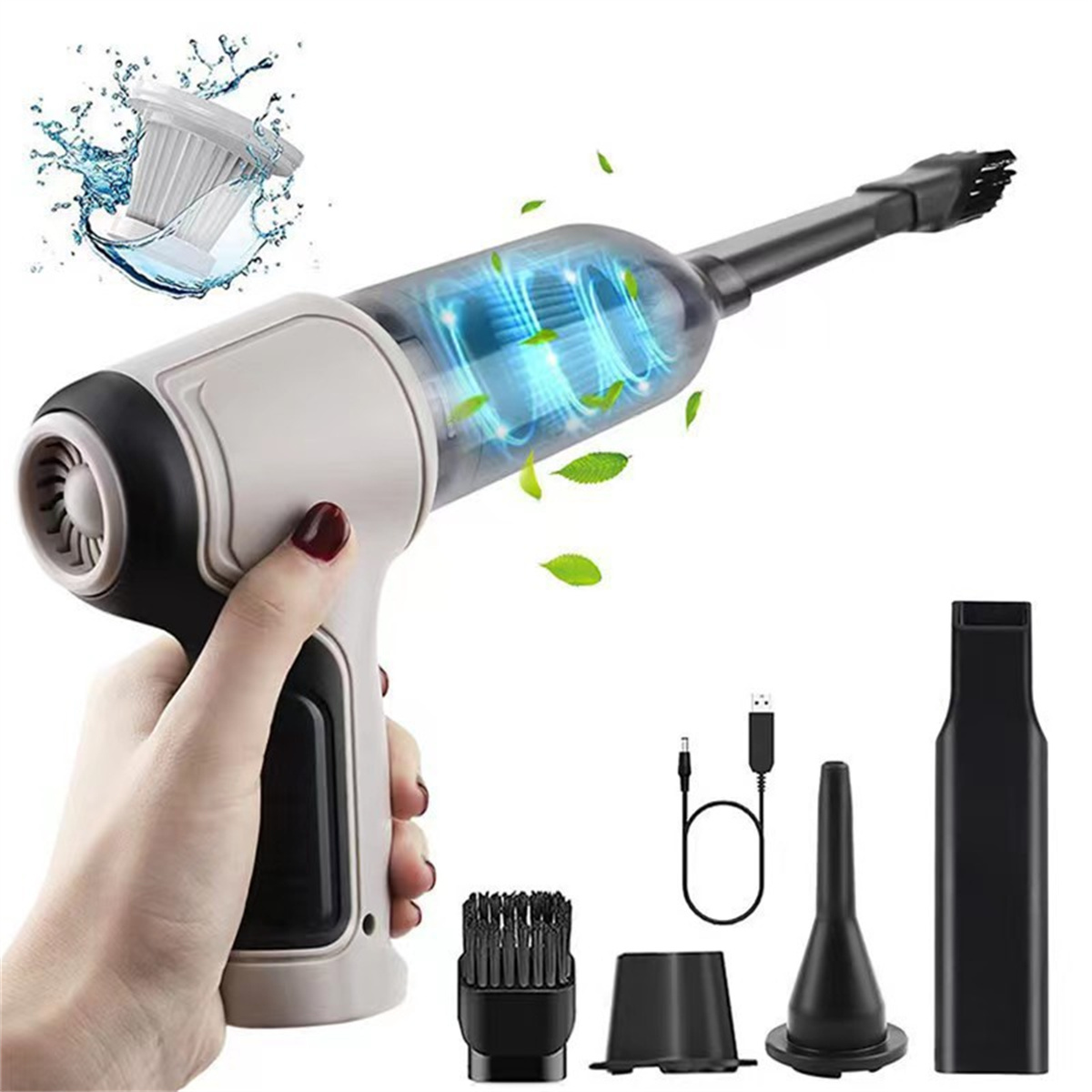 Handstaubsauger, weiß und grau. Zubehör umfasst Bürste, Düse und USB-Kabel.