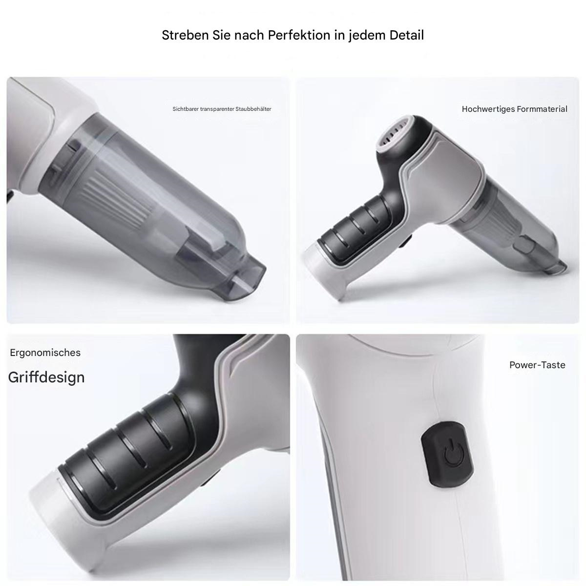 Nahaufnahmen des Staubsaugers: transparenter Staubbehälter, hochwertiges Material, ergonomischer Griff, Ein-Aus-Taste.