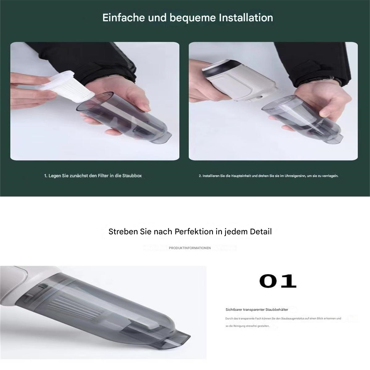 Montageschritte des Staubsaugers. Zeigt das Einsetzen des Filters und den Anschluss des Hauptkörpers.