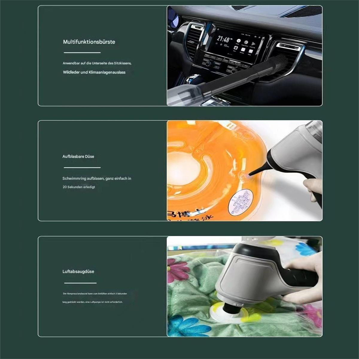 Bilder zeigen einen Autostaubsauger und Zubehör. Enthält eine Bürste, eine aufblasbare Düse und eine Saugdüse.