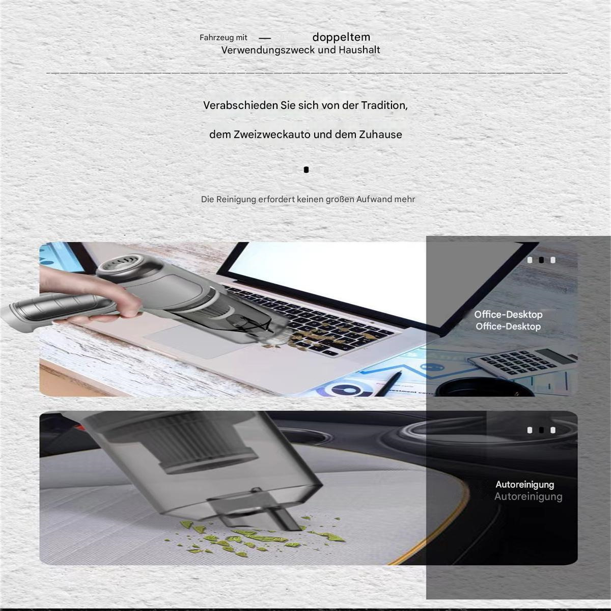 Staubsauger reinigt Laptop, neben Schreibtisch mit Laptop und anderen Objekten.