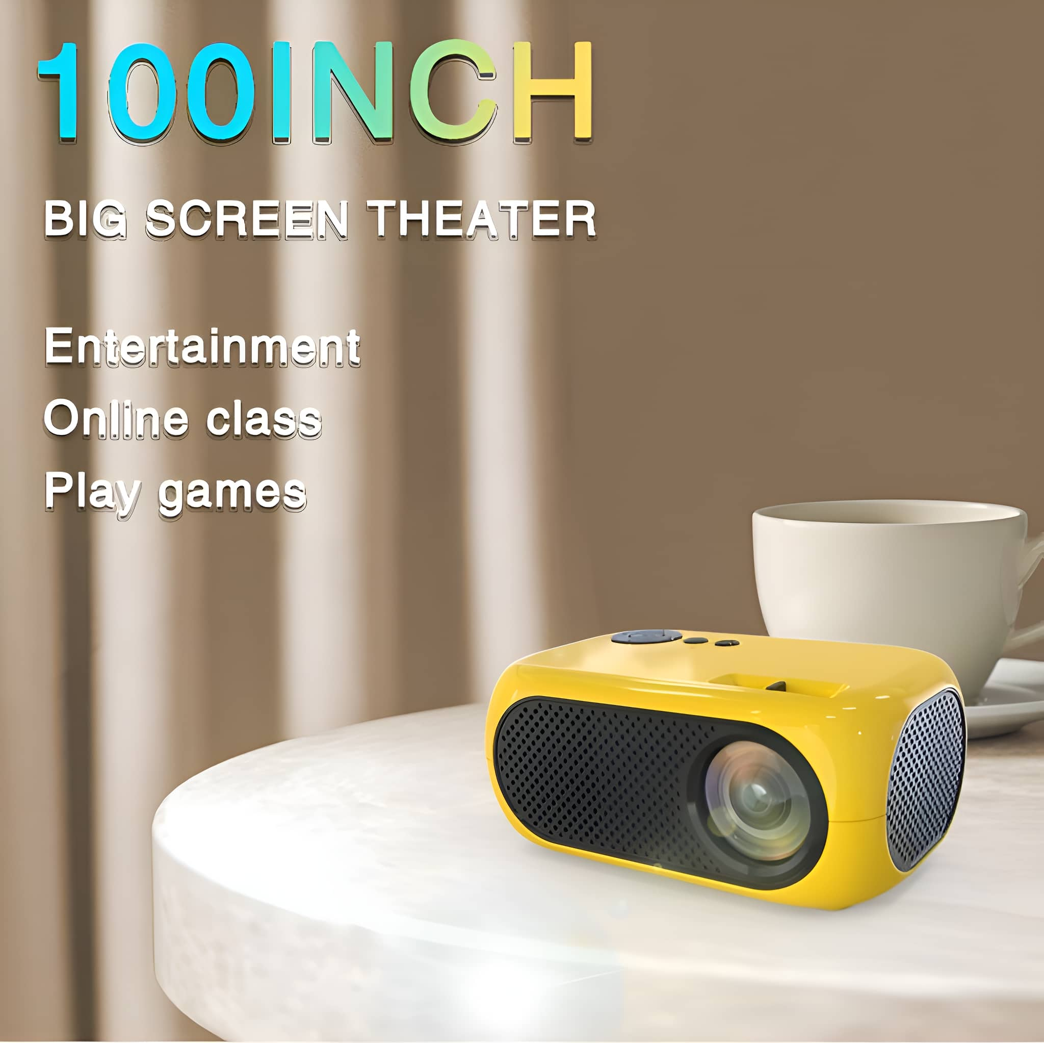 Gelber Projektor auf einem weißen Tisch. Text sagt "100 INCH" und "BIG SCREEN THEATER".