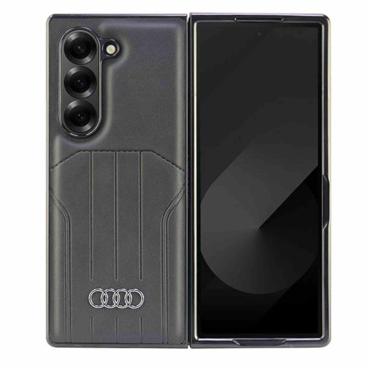 Custodia nera piegata con logo Audi e tripla fotocamera.