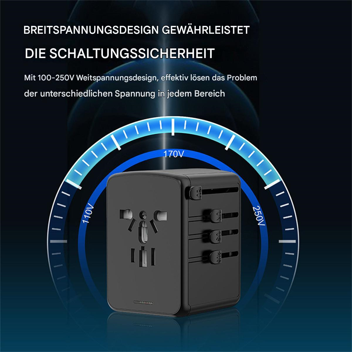 Schwarzer Universaladapter mit schematischer Darstellung von Spannungsbereichen und Steckdosen.
