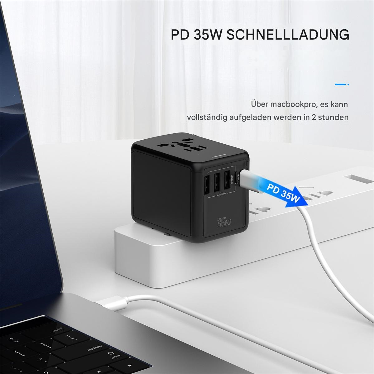 Schwarzes Ladegerät mit weißem Kabel, das mit einem Laptop verbunden ist. Text sagt PD 35W Schnellladung.