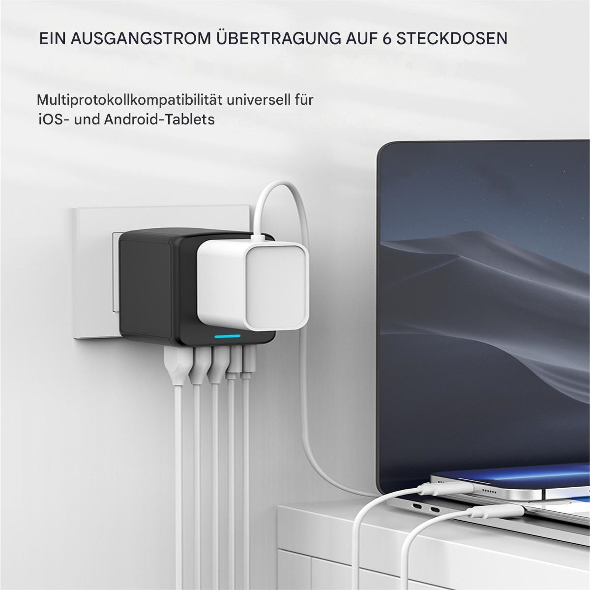 Schwarzer und weißer Netzadapter, der in eine Steckdose eingesteckt ist, mit Ladekabeln.