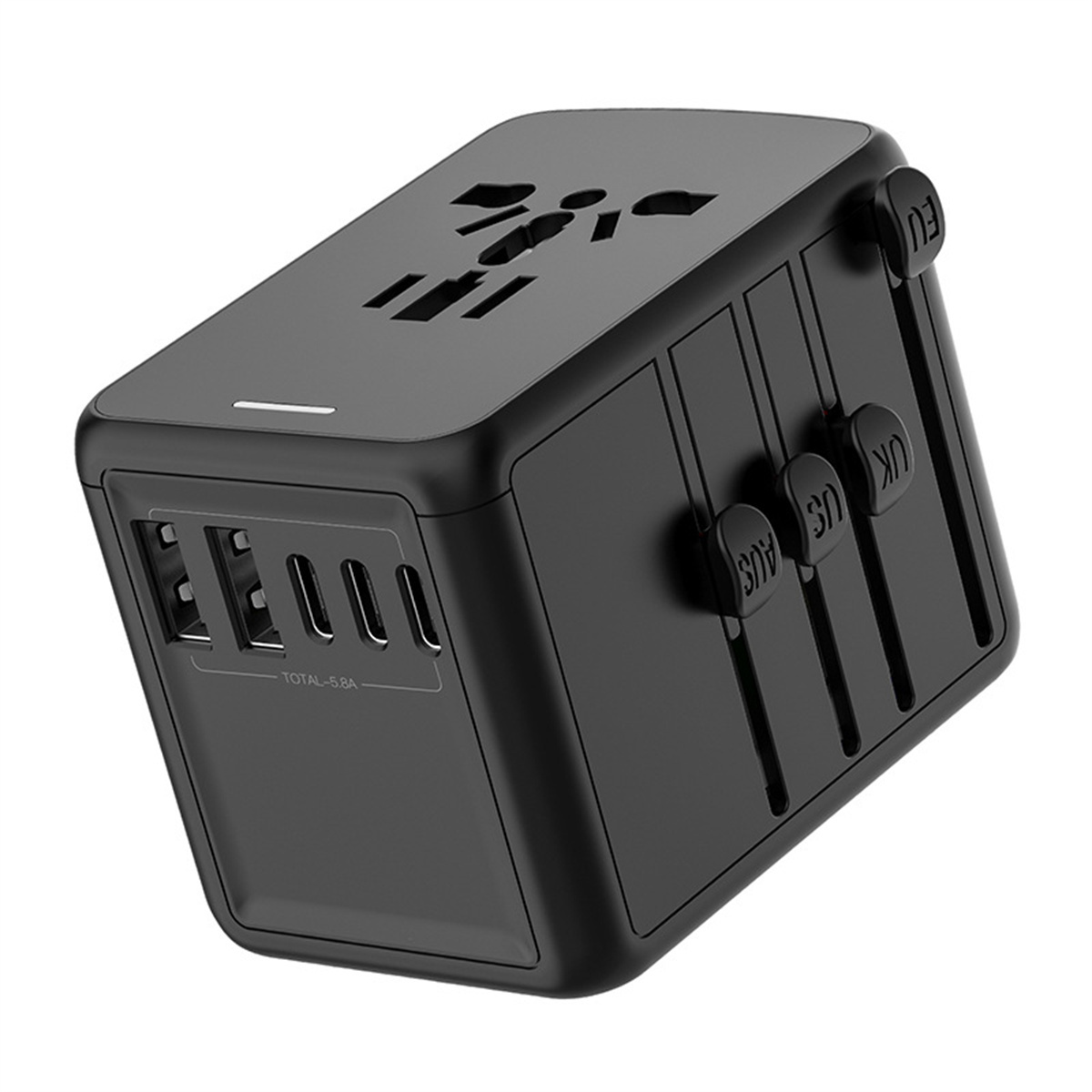 Ein schwarzer Reiseadapter mit mehreren Stecker-Konfigurationen und USB-Anschlüssen, für internationale Steckdosen.