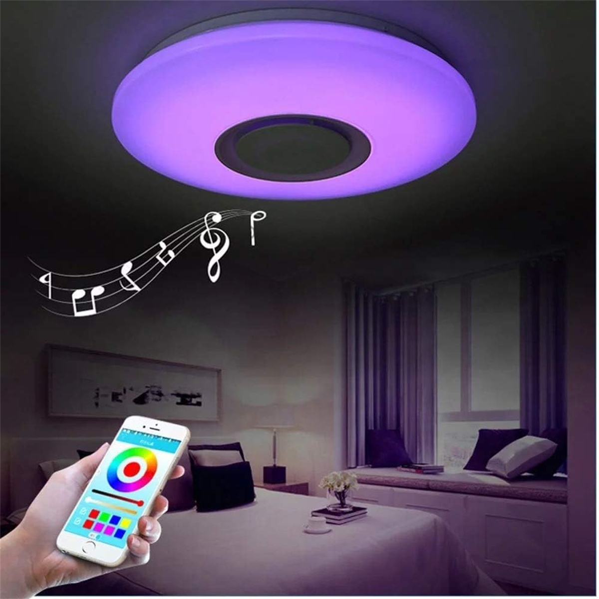 Lila intelligente Deckenleuchte mit Telefon, das Farboptionen zeigt, Noten im Hintergrund.