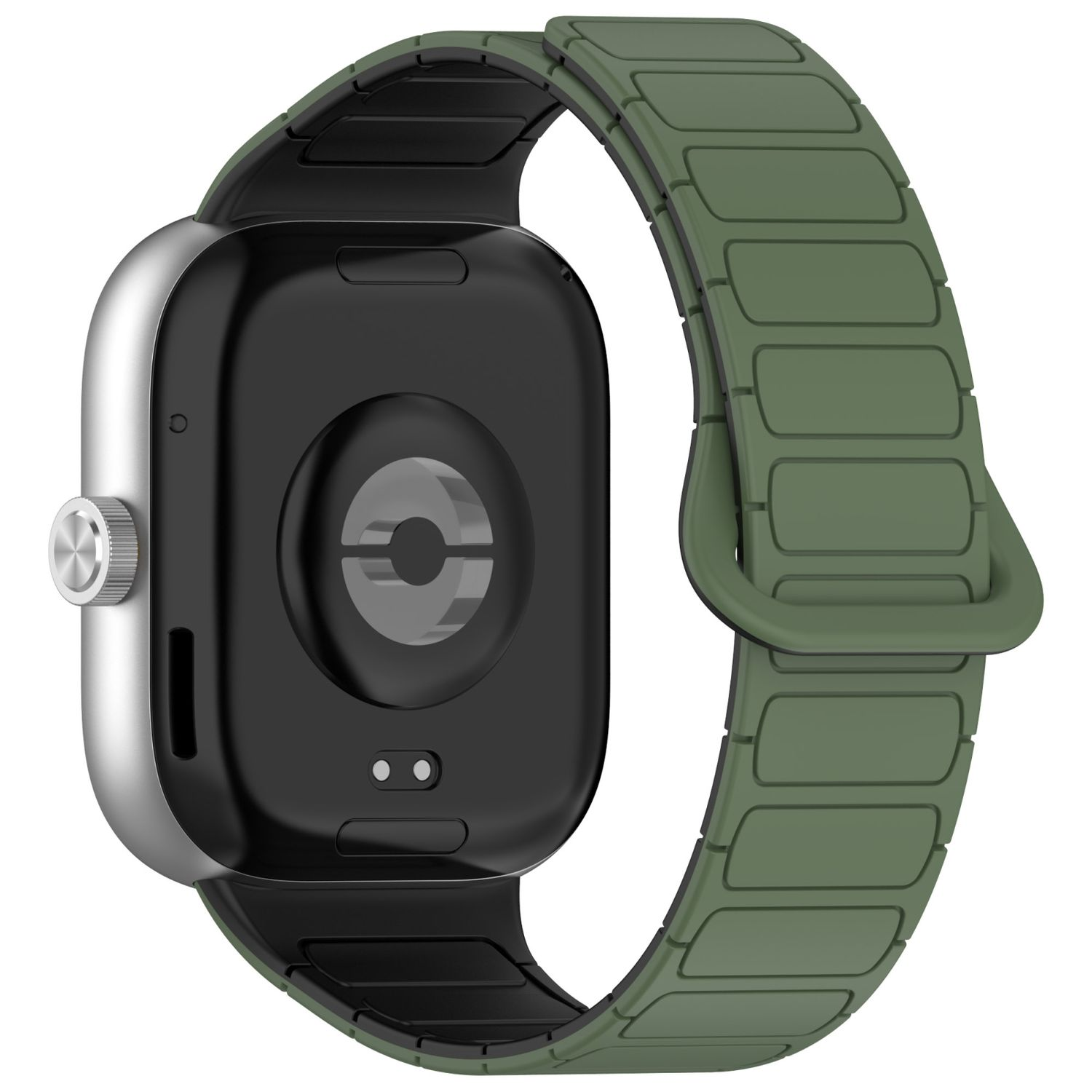 Grünes Uhrenarmband mit silbernem Uhrengehäuse, Rückseite der Uhr.