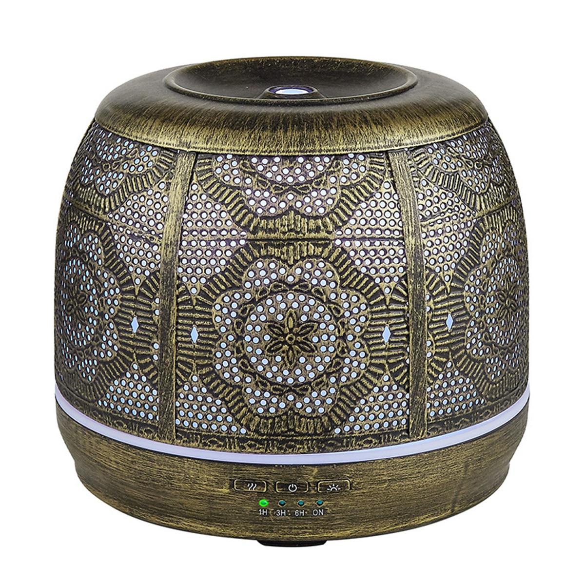 Ein verziertes, goldfarbenes Diffusor mit Muster. Unten befinden sich Bedienelemente, vor weißem Hintergrund.