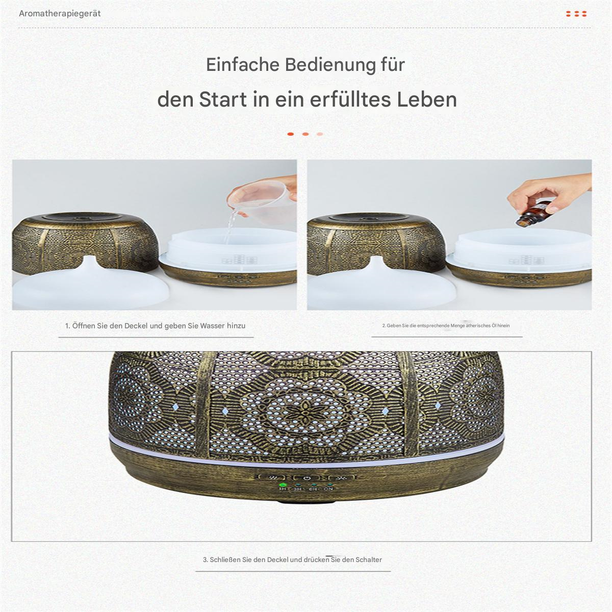 Ein Aromatherapiegerät mit Anweisungen. Es hat ein metallisches Design mit zwei Bildern, die seine Verwendung zeigen.