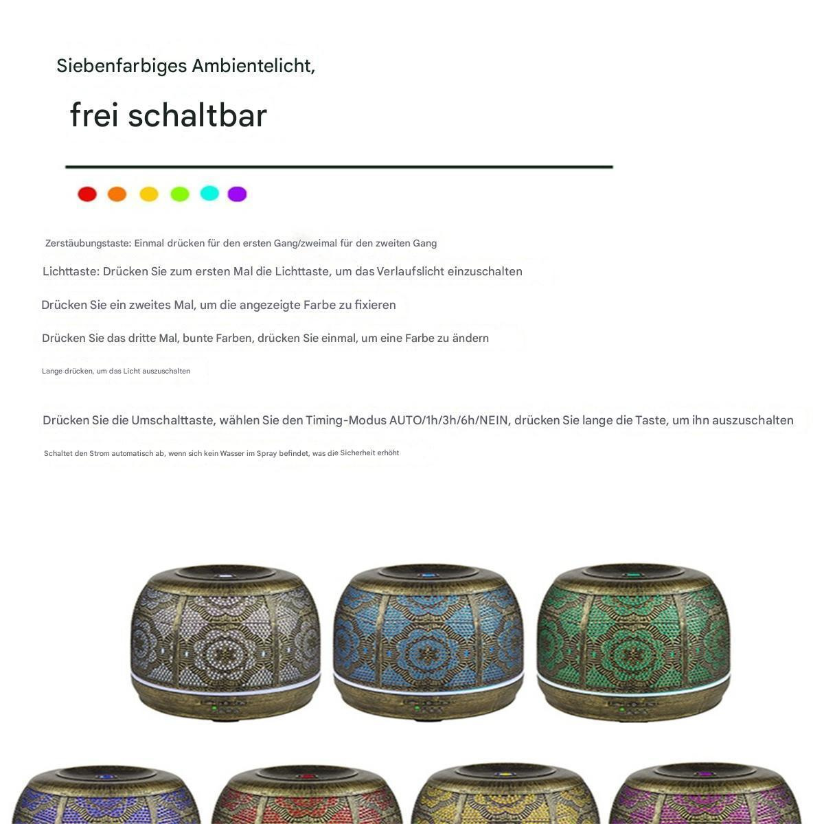 Diffusor mit sieben Farben. Anweisungen zu den Bedienelementen auf Deutsch.