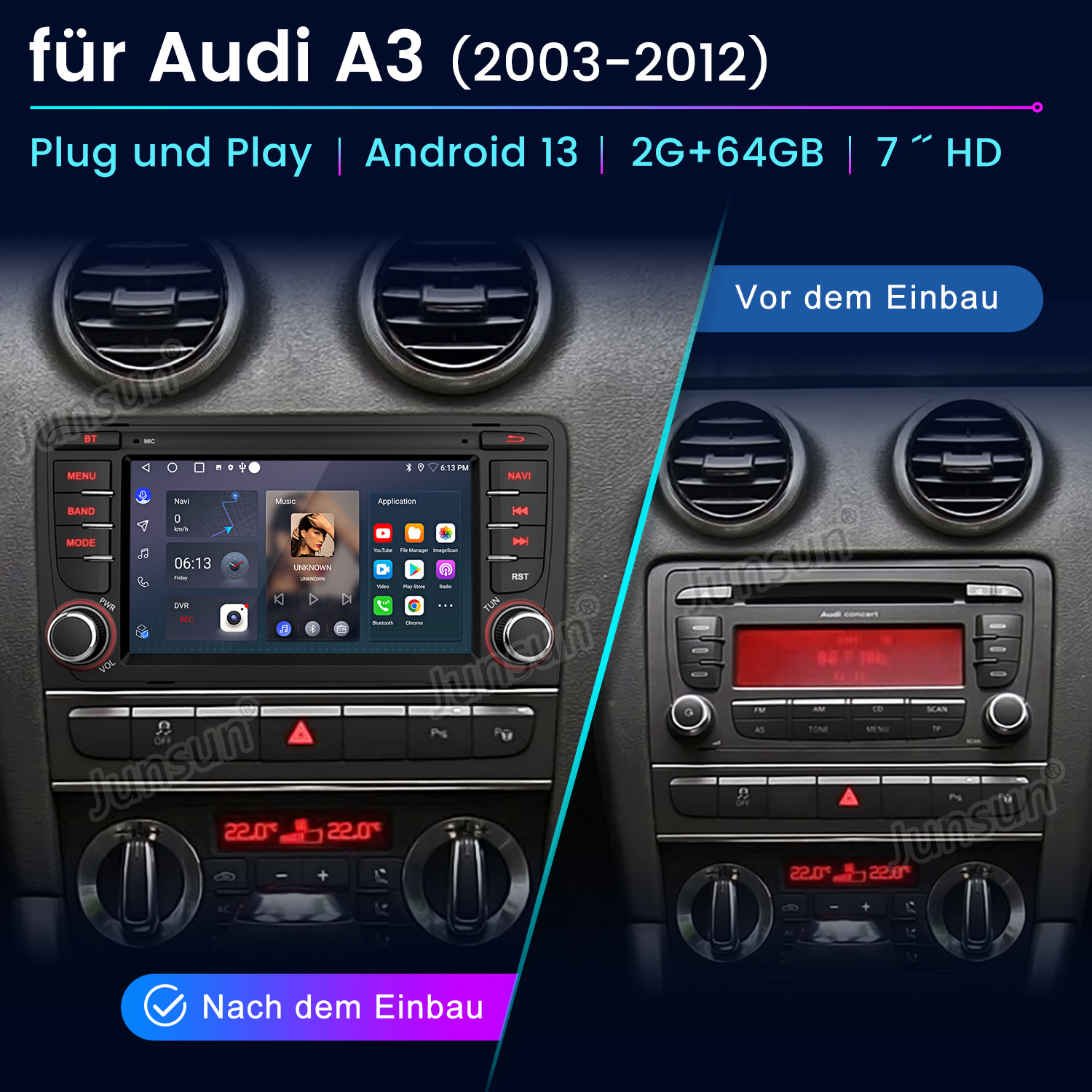 Auto-Infotainmentsystem vor und nach der Installation, mit Textüberlagerung.