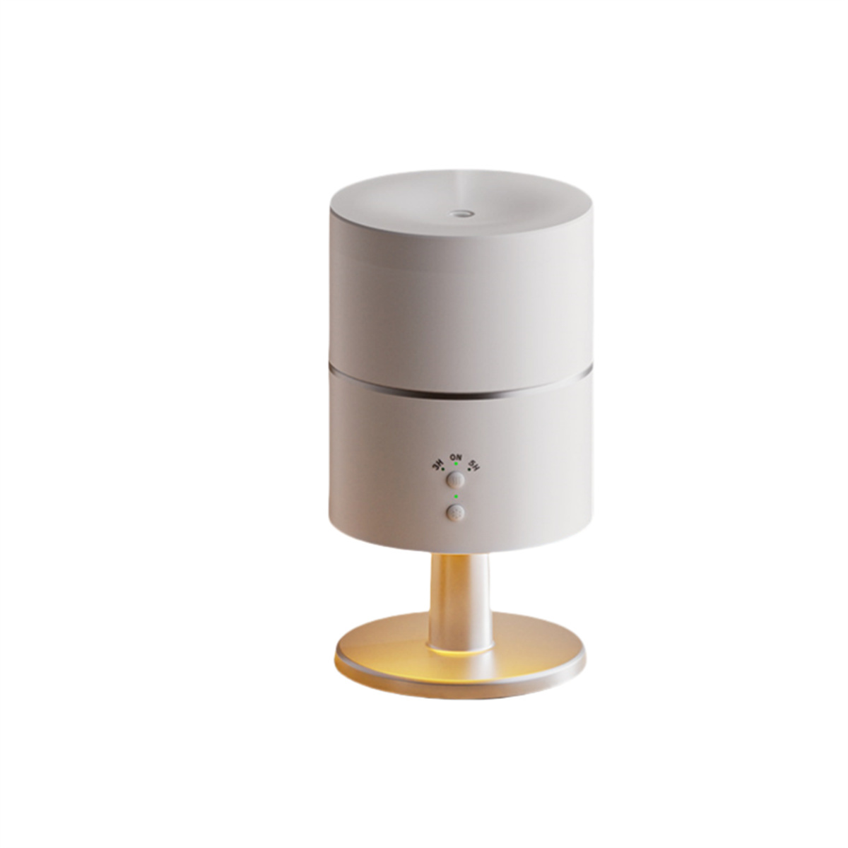 Eine weiße zylindrische Lampe mit zwei Knöpfen. Die Lampe steht auf einem kreisförmigen Sockel.