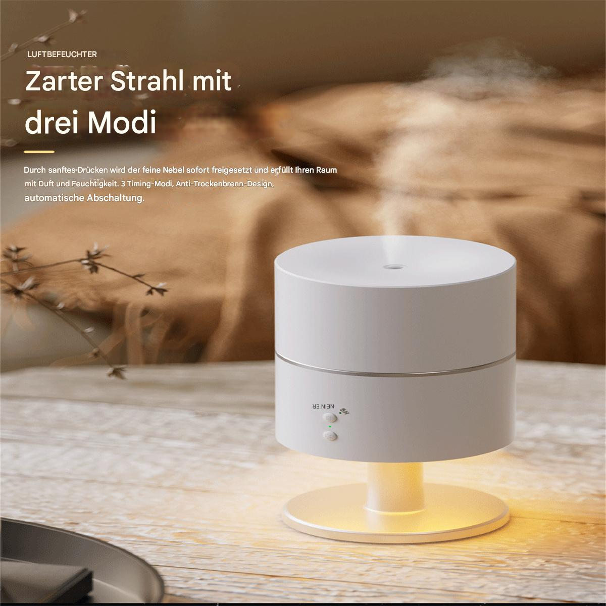 Ein weißer Luftbefeuchter mit drei Modi, kleinem Sockel und Licht.