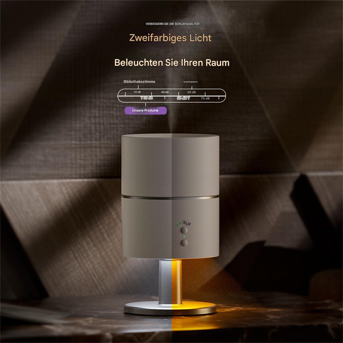 Ein weiß-grauer Luftbefeuchter mit Licht, dunkler Holz Hintergrund und Text über Licht.