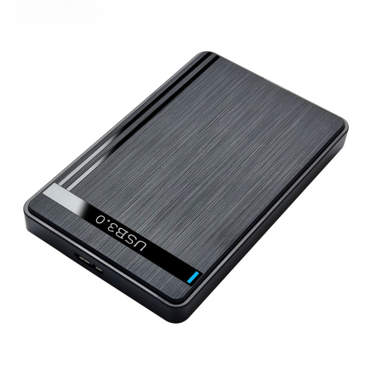 Eine schwarze, rechteckige USB 3.0 externe Festplatte. Das Gerät hat ein gebürstetes Metall-Finish.