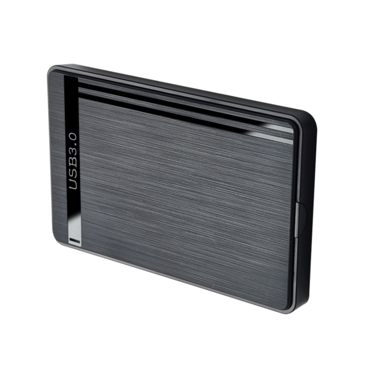 Dunkelgraue externe USB 3.0 Festplatte mit gebürsteter Metalltextur.