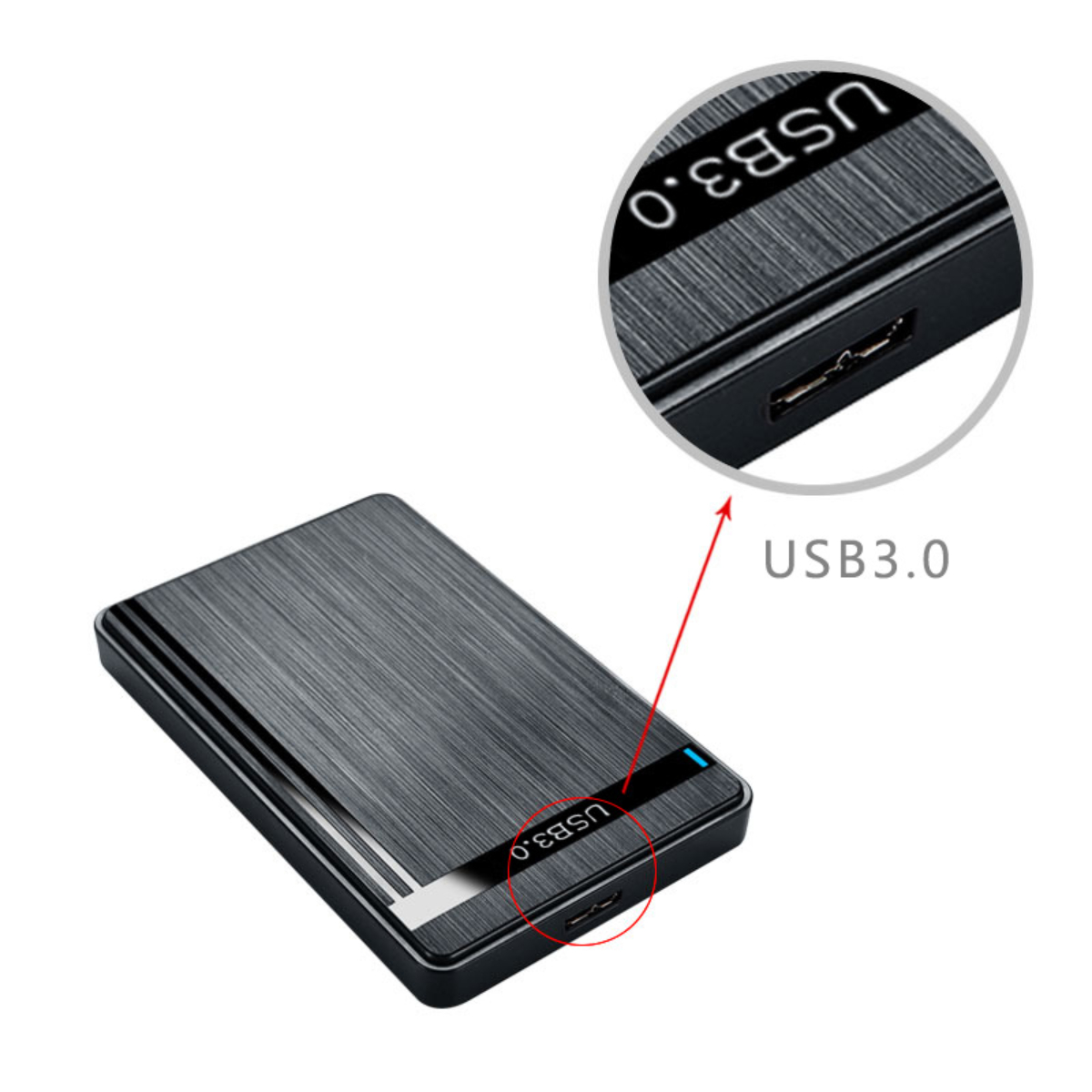 Schwarze externe USB 3.0 Festplatte mit USB-Anschluss und Logo.