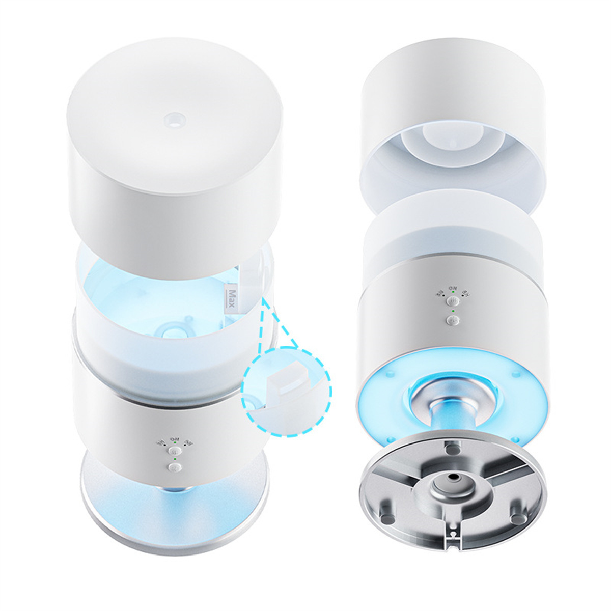 Zwei Ansichten einer weißen Lampe, zerlegt und montiert, mit blauem Licht, das von ihr ausgeht.