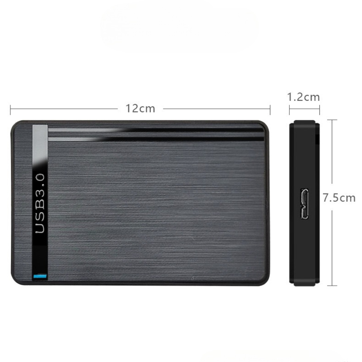 Externe Festplatte mit Abmessungen. Schwarz und Silber. USB 3.0-Etikett.