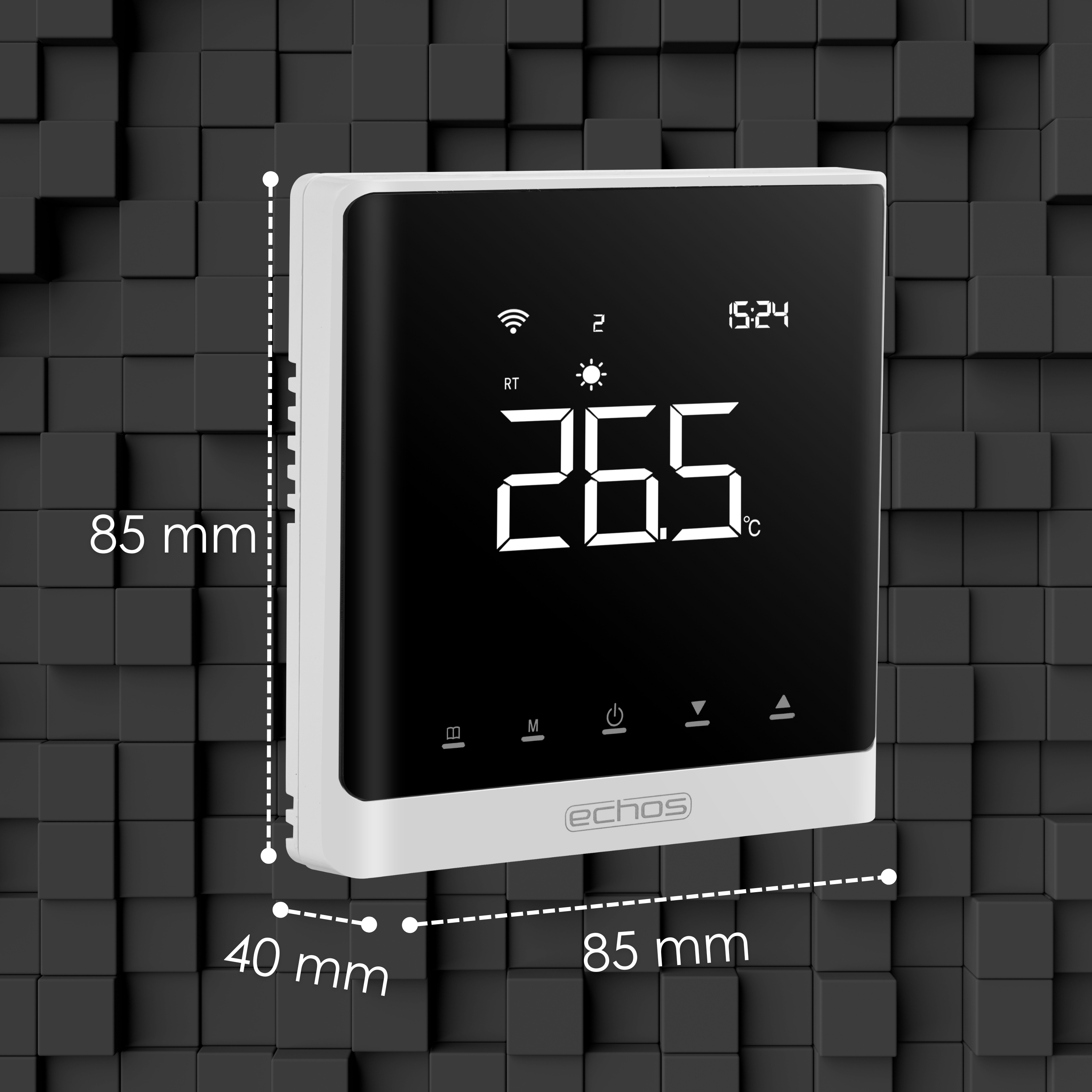 Weiß-schwarzer Thermostat. Er zeigt die Temperatur in Celsius an und hat beschriftete Abmessungen.