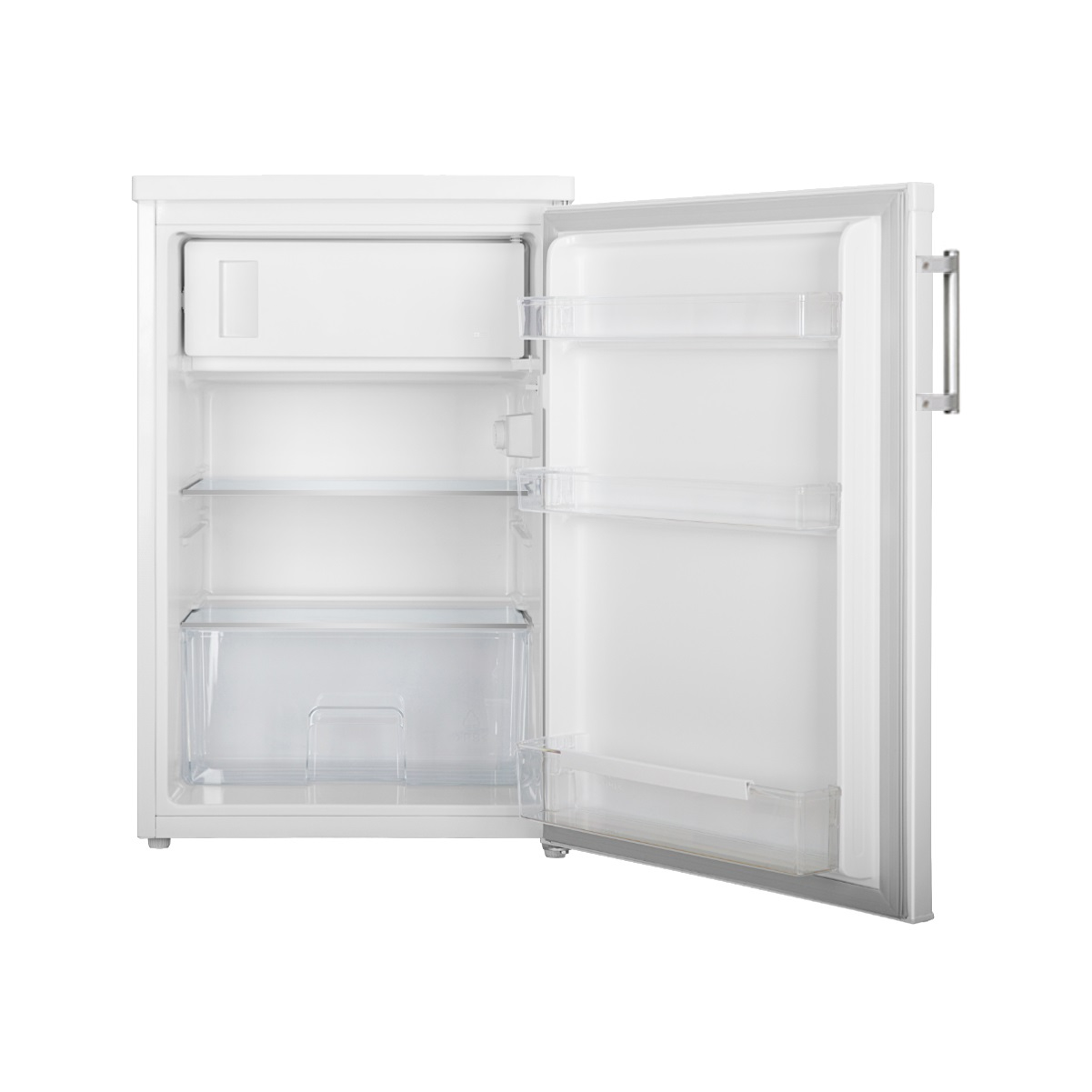 Un refrigerador blanco abierto con estantes y cajones. Interior vacío y limpio.