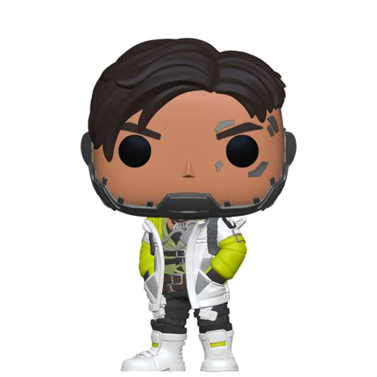 Funko Pop figuur van een personage met donker haar en een wit en groen outfit.
