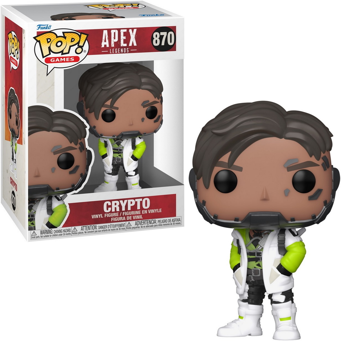 Funko Pop figuur van Crypto, een Apex Legends karakter, in zijn doos. Hij heeft een witte en groene outfit.