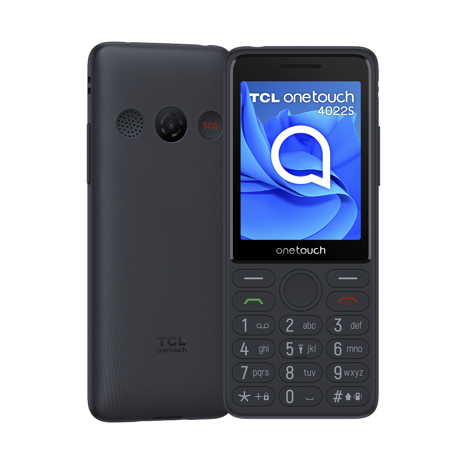 Telefono TCL nero con pulsante SOS. Schermo bianco mostra il logo.